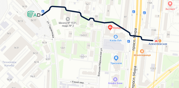 Схема прохода от метро Алексеевская до офиса Arenadata