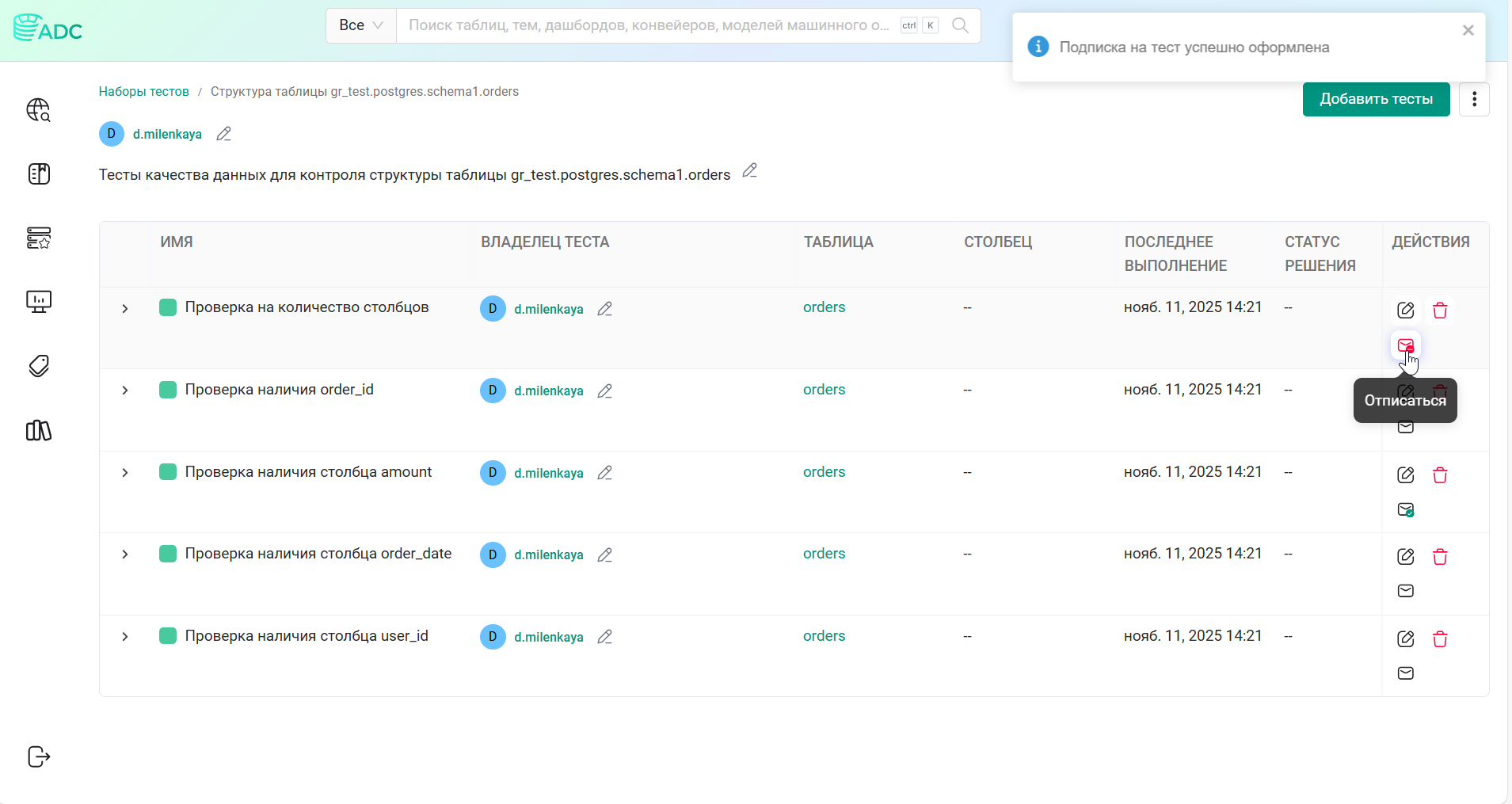 ответственные за управления таблиц orders